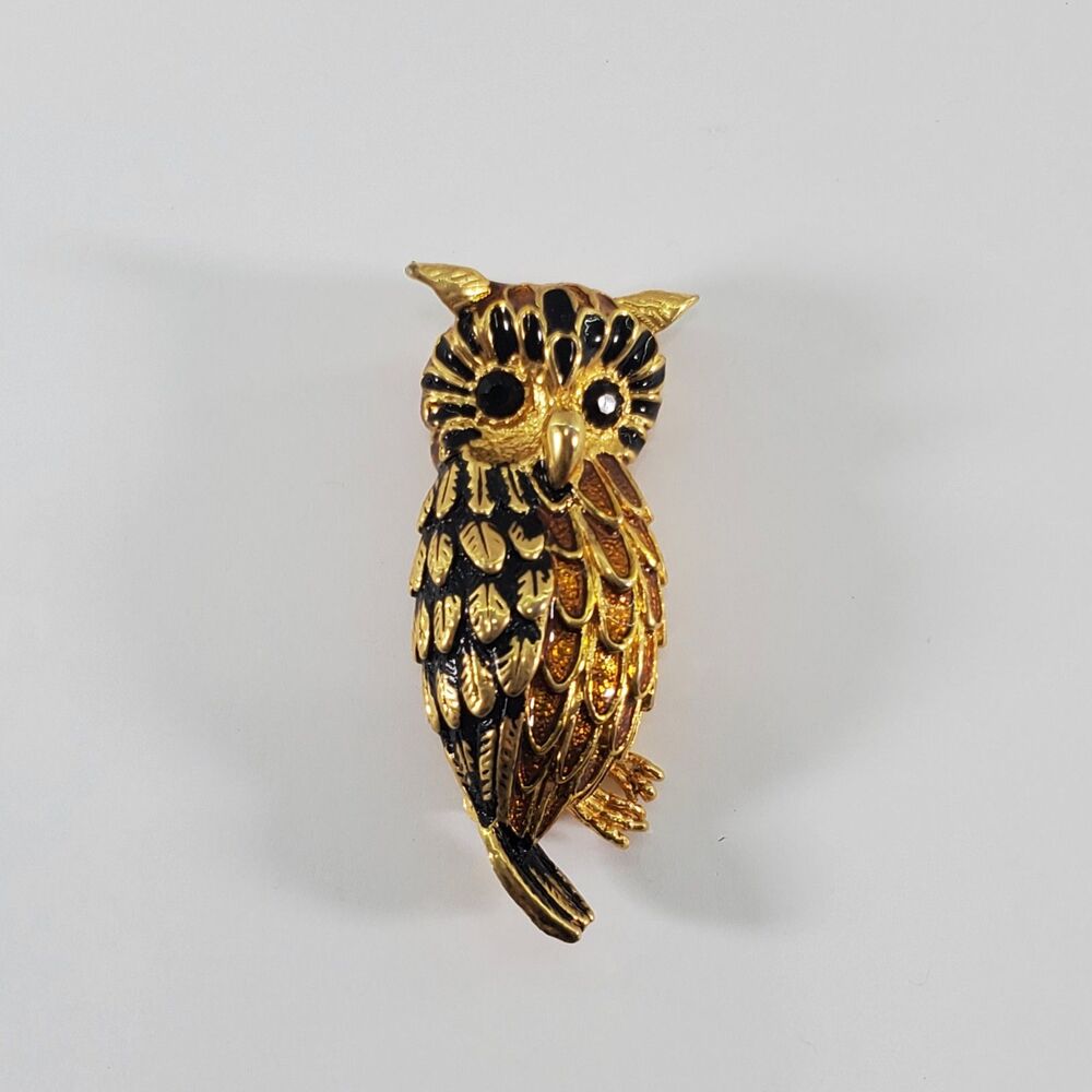 Chubby Vintage Owl Brooch Gold Tone Enamel Black Faceted Eyes Mid Century - Picture 7 of 7